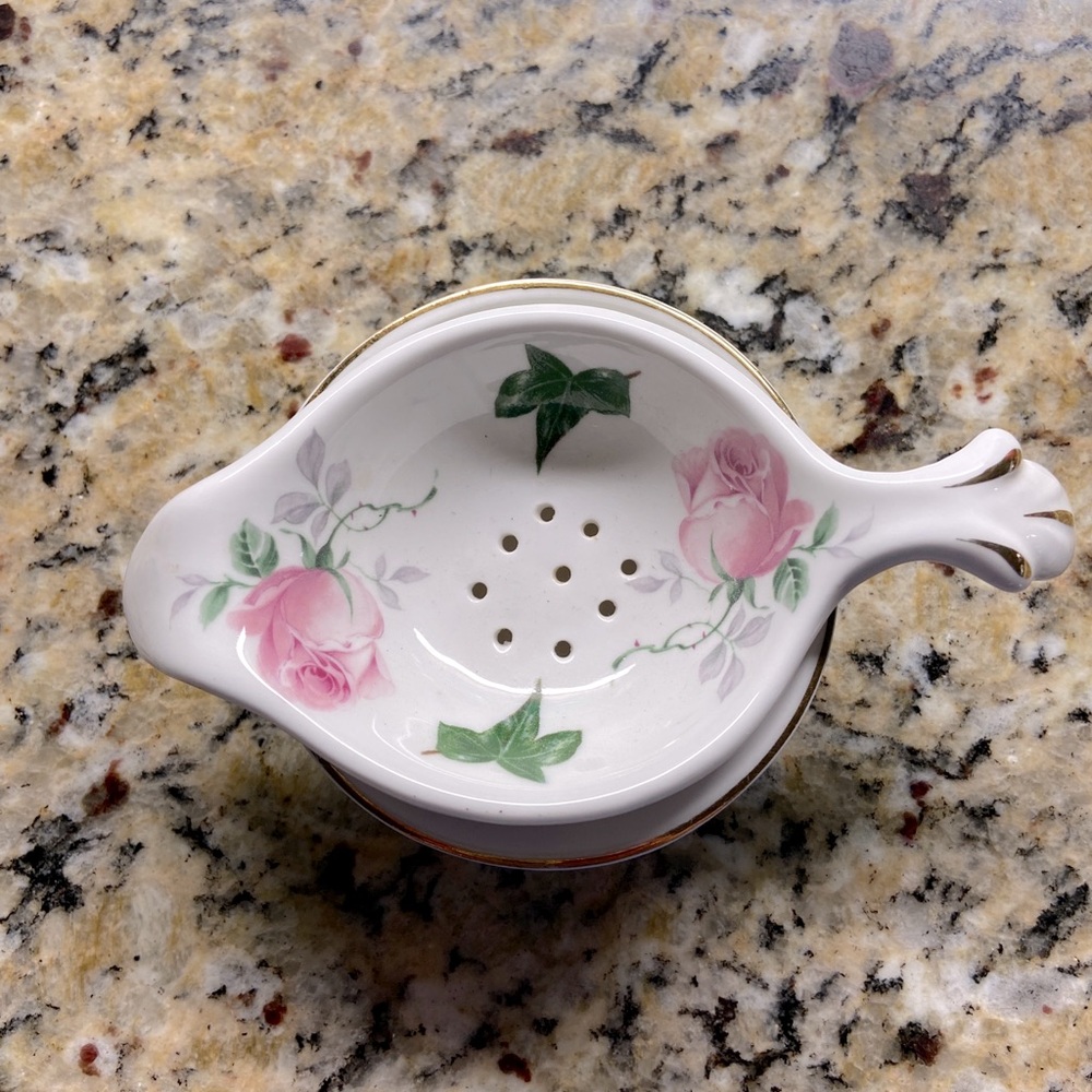 Vintage tea strainer with drip bowl